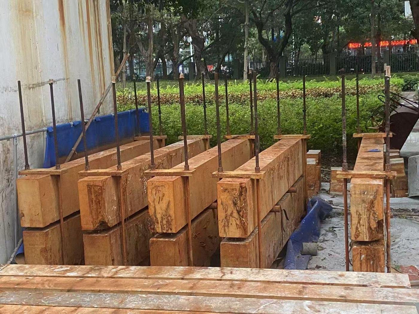 Large timber molds prepared for specimen fabrication and structural testing