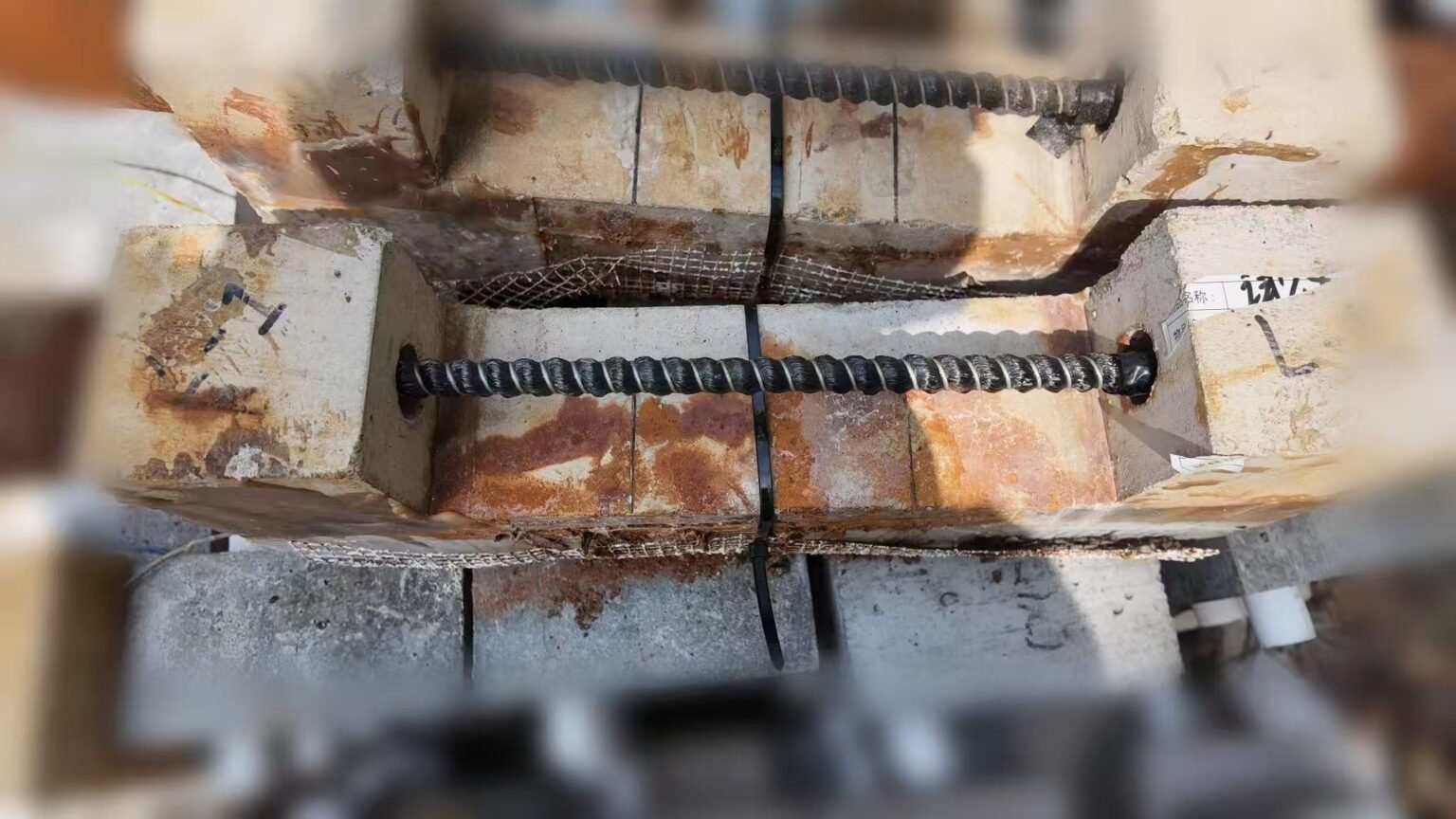 Prestressed CFRP-strengthened concrete beams exposed to aggressive conditions in a laboratory setup.